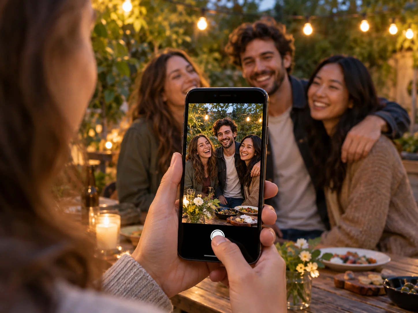 A phone photographing smiling friends around a garden dinner table