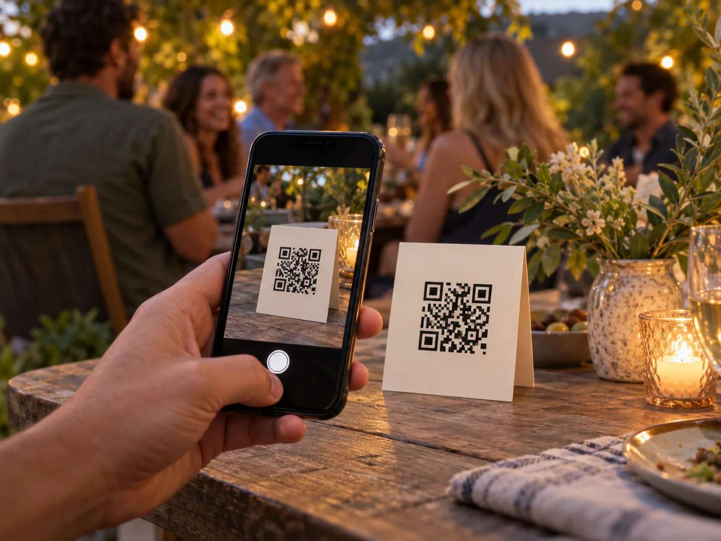 A phone scanning a Snova QR card on a candlelit garden table